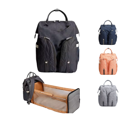 Sac à langer avec lit d'appoint intégré, poches isothermes et grand espace de rangement.